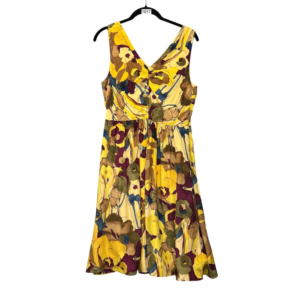 Banana Republic Silk Dress Womens 6 Yellow Floral V-Neck Sleeveless Fit &‎ Flare